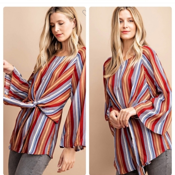 KORI BOHO Tie Detail Mocha Striped Tunic - Picture 8 of 16